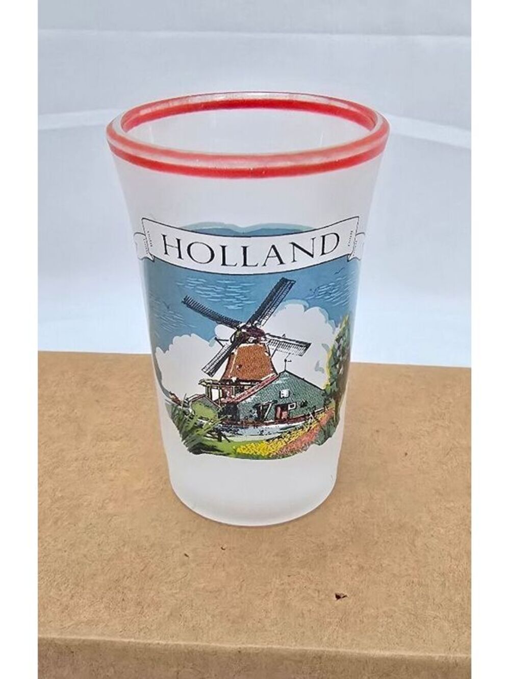 Holland Netherlands Windmill Frosted Glass Souvenir Shot Glass Red Rim